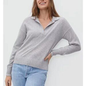 EUC Everlane 100% Cashmere Polo Sweater, Fog Grey/White Stripe Detail, Small